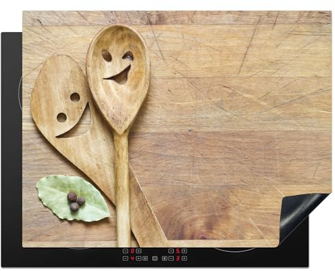 KitchenYeah© Protection Plaque Induction 77x59 cm Protege Deco Cuisine Cache Protège De Cuisson Accessoire Bois - Cuillères - Marron - Smiley