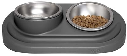 Ubbi Pet Feeding Bowls Set, One Elevated and One Flat Stainless Steel Bowl with Non-Slip Mat, Pet Feeder Bowls for Dogs or Cats, Ergonomic Design, Charcoal