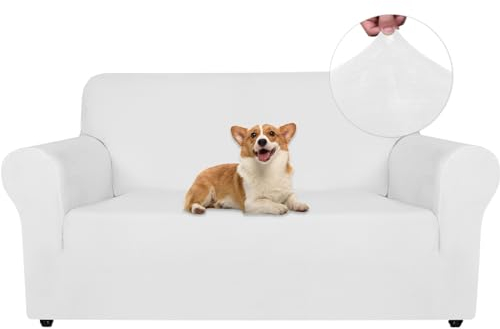 Ystyle Samt Sofabezug 2 Sitzer, Stretch Sofa Überzug, Sofaschoner rutschfest, Elastischer Couch Überzug, Sofa Cover Mit Armlehnen, Couchüberzüge Sofaschutz Katze Couch Überwurf, Weiß
