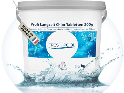 Fresh-Pool Profi Langzeit Chlor Tabletten 200g 5 kg - Chlortabs/Chlortabletten für Pool | Chlor Langzeittabletten Pool | Langzeit Chlortabletten 200g