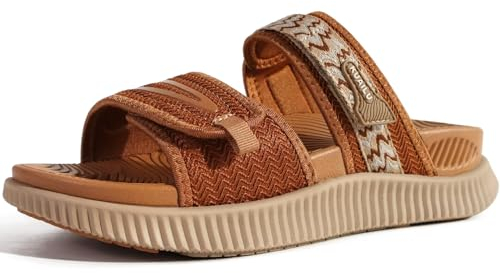 KuaiLu Womens Orthotic Slides Athletic Thick Cushion Recovery Sandals Adjustable Strap Open Toe Slip On Yoga Mat Walking Ladies Sport Sandles Comfort Plantar Fasciitis Arch Support Tan Size 10