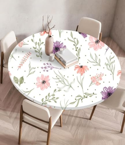 Highdi 3D Elastische Tischdecke Rund wasserdichte, Tischdecke Outdoor Round Blümchenmuster Spanntischdecke mit Gummizug für Esszimmer, Küche und Picknick (100cm,Botanische Blumen)