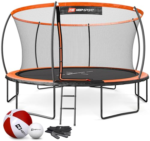 Hop-Sport Trampolin Outdoor Ø 305/366/427/488 cm - Trampolin mit innovativen, gebogenen Netzstangen, Sicherheitszertifikaten und Sicherheitsnetz (Orange/Schwarz, 427 cm)