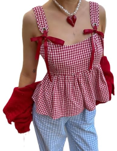 Womens Shoulder Tie Tank Tops Classic Plaid Print Sleeveless Square Neck Ruffle Vest Cute Gingham Tank Top (Red, M)