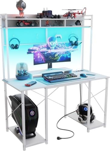 TRIUMPHKEY Scrivania da Gaming con Luci LED,120x60x162cm Tavolo da Gioco con Prese di Corrente e 2 Prese di Ricarica USB, Tavolo per Computer con Supporto per Casa(Bianco