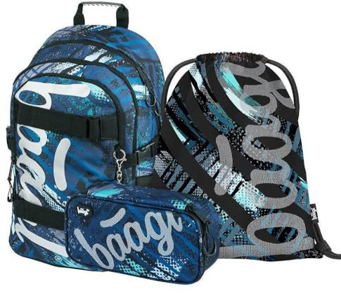 Baagl Schulrucksack Set Jungen 3 Teilig, Schultasche ab 3. Klasse, Grundschule Ranzen mit Brustgurt, Ergonomischer Schulranzen (Skate Strukturen)