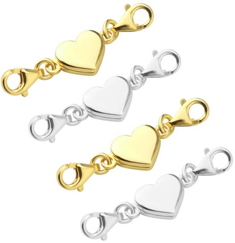 QEDBOJE 4 Stück Sterling Silber 925 Magnetische Kettenverschluss Herz Magnetische Verschlüsse Armband Verschluss Schmuck für Basteln Armbänder Fußkettchen Ketten Verschlüsse (Gold Silber)