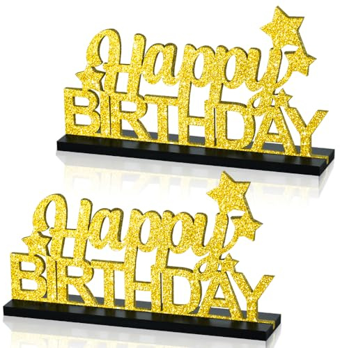 DecoGlee Glitter Gold Happy Birthday Sign Centerpieces for Table, 2 Pcs, 9.8*5.3 Inch, Metal, Party, Recessed Design, Handcrafted