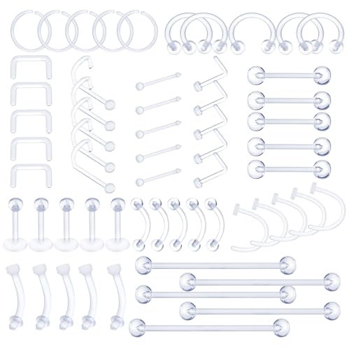 Yolev 60 Stück Klar Piercing Retainer Transparent Hybrid Stil Septum Halter Kunststoff Nasenring für Chirurgie Bauchnabelring Ohrring für Labret Piercing Tragus Lippe Augenbraue Klarer Nasenring