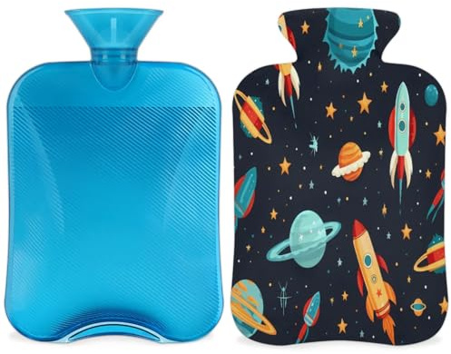 Cartoon Rockets Hot Water Bottle with Cover, Space Planet 2L Hot Water Bag for Pain Relief, Neck and Shoulder, Hand Feet Warmer