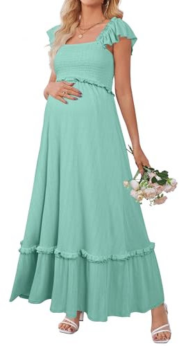 OUGES Womens 2025 Summer Maternity Maxi Dresses for Photoshoot Ruffle Sleeve Square Neck Wedding Guest Baby Shower Long Dress Flowy Pregnancy Must Have Maternity Clothes (Sage,L)