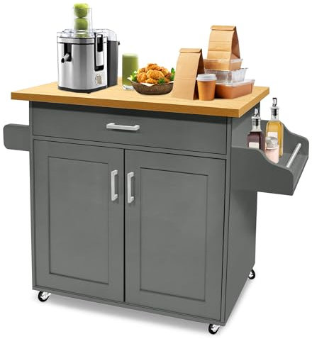FIVMEN Küchenwagen Küchenschrank Grau mit Rollen und Arbeitsplatte Servierwagen Kücheninsel aus Holz mit Handtuchhalter und Gewürzboard Mobile Küchenschränke Kücheninselwagen, 115x90x36cm