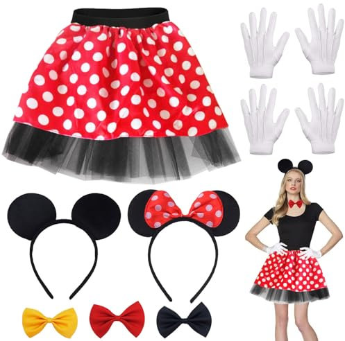 Damen Maus Mouse Kostüm,Rot Gelb Schwarz mit Rock Gepunktet,Maus Fliege Schleife,Maus Ohren Handschuhe,Haarreifen mit Maus Ohren,Mouse Cosplay Kostüm