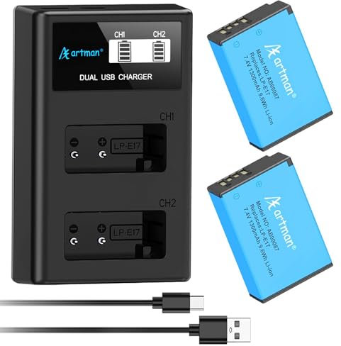 Artman LP-E17 Akku 1300mAh und LCD Dual USB Ladegerät Kompatibel mit Canon EOS R100 R50 R10 R8 RP Rebel SL3 SL2 T8i T7i T6i T6s EOS M3 M5 M6 EOS 200D 250D 77D 750D 760D 800D 8000D Kamera (2er-Pack)