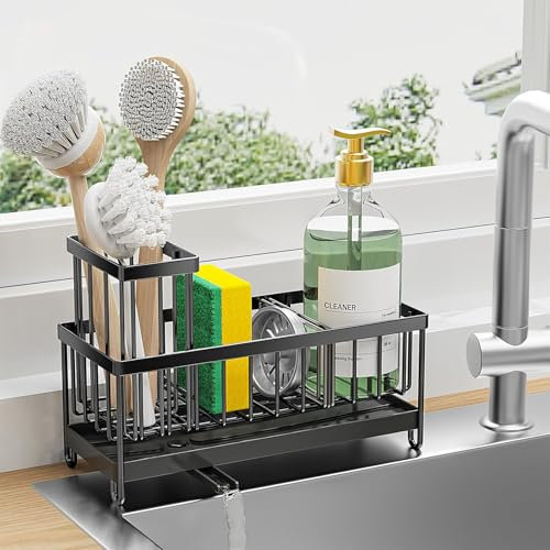 ItsyFox Kitchen Sink Caddy with Auto-Drain Tray and Divider - Stainless Steel Organizer for Sponge, Soap and Brush - Black