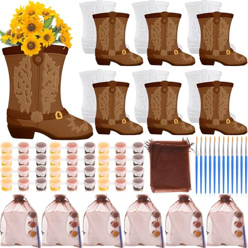 Seenelling 12 Pack Cowboy Cowgirl Boot Vase Painting Set Ready to Paint Your Own Ceramic Unpainted Cowboy Painting Plaster DIY Paintable Kit Craft for Bachelor Bachelorette Party Baby Shower(Brown)
