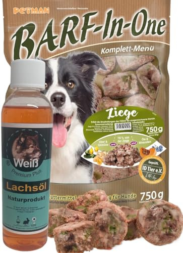 petman Barf-in-One Ziege, 7 x 750g-Beutel, + 100ml Weiß-Premium Lachsöl Tiefkühlfutter, gesunde, natürliche Ernährung für Hunde, Hundefutter, Barf, B.A.R.F.