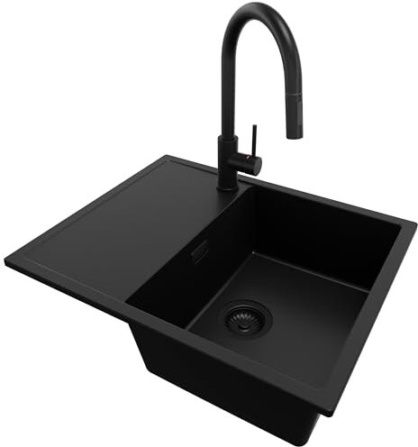 PRIMAGRAN Evier Cuisine en Granit Tout Noir 62x50cm, Lavabo 1 bac + Robinet 40x20cm + Kit de Vidage, Évier à Encastrer al mueble 45cm - Ibiza S014