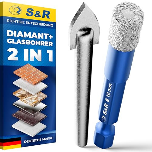 S&R Forets Diamant 10mm - Lot de 2: 1 Foret Diamant + 1 Foret en Carbure Verre pour Céramique Grés Marbre Carrelage Céramique Verre Granit