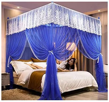 XRPOUXMTE Blaues Betthimmel-Moskitonetz für Prinzessinnenzimmer, romantische Bettvorhänge mit bestickter Spitze, Schlafzimmerdekor für Zwillings-, Queen-Size- und Kingsize-Betten (Blau 200 x 220 cm)