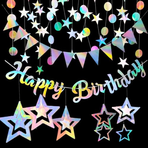 Happy Birthday Girlande Irisierende Gburtstag Deko Hängenden Papier Girlande Glitzer Papier Girland Bunt Sterne Runde Holographisch Regenbogen deko Geburtstagsdeko for Party Fasching Party Zubehör