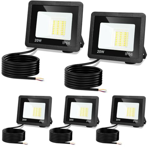 Monucep LED Strahler Außen 20W,5 Stück Dimmbar LED Fluter 3000K/4000K/6500K, Led Scheinwerfer, IP65 Wasserfest Aussenstrahler für Hell Garten Hof Türen Rasen Garage [Energieklasse E]