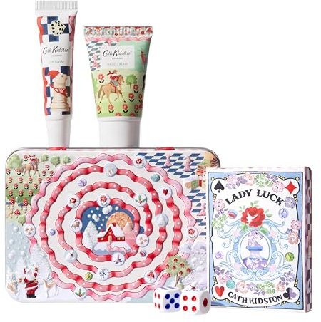 Cath Kidston Hand Cream 30ml, Lip Balm 10ml, Playing Cards, 2 Dice In A Reusable Tin, Mandarin and Peony Scent, Eggnog, Travel Size, Vegan and Cruelty Free, Beauty Gift, Christmas Stocking Filler