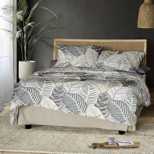Irisette Biber Bettwäsche Meran 8628-30 Blätter Grau Grün 135x200