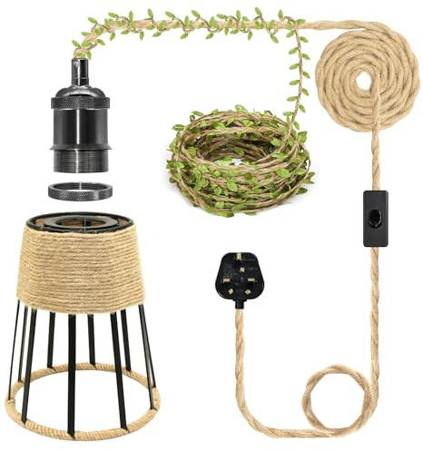 ZRLXFM E27 Hemp Rope Pendant Light Kit, Metal Lamp Holder with Switch and Plug, Black Horn Hanging Lighting Fixture, 510CM Retro Hemp Rope Light Cord, with 5M Green Leaf Decoration