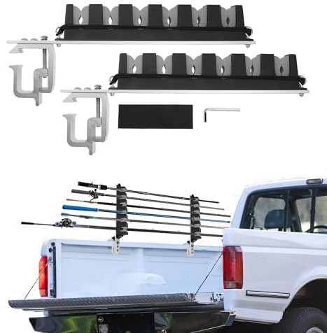 Partuto 2x Aluminum Fishing Rod Holder for Truck Bed, 6 Rods Capacity, Stable C-Clamp Mount, Fishing Pole Storage Rack Holder for Truck Pickup Boat, Horizontally or Vertically Place