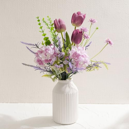 SUNNY BROOK Artificial Tulips in Ceramic Vase, Fake Silk Tulip Floral Bouquet with Pot, Faux Spring Flower Arrangement for Home Wedding Party Décor Dining Coffee Table Centerpiece Decor, Purple