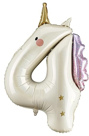 Folienballon Einhorn Ziffer 4-93cm - Luftballon für Helium oder Luft - Kunststoffballon für Kindergeburtstag Kinderparty Babyfeier - Ballon für Feste - Weiß Gold Pink | Mädchen Geburtstag Party Dekorationen, Rosa Weiß Pastell, Prinzessin Thema, Magische Feier, Luft oder Helium Füllung