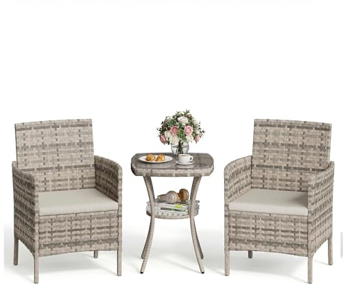 Amopatio Rattan Gartenmöbel Set, Balkonmöbel Set Kleiner 3 teilig, Outdoor Gartenlounge Wetterfest, Bistrotisch mit 2 stühlen, Terrassenmöbel für Terrasse, Balkon, Garten,Bräunen