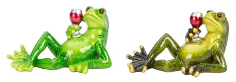 MF Froschfigur mit Weinglas, Polyresin, Grün, 8 cm Breite, Verspielter Stil, 2er Set
