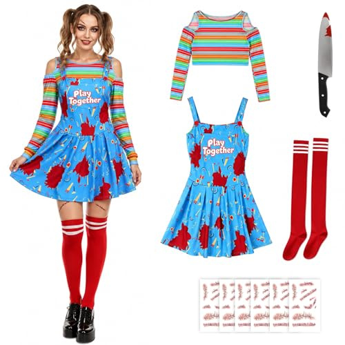 SINSEN 10PCS Halloween Killer Doll Costume for Adult Women Creepy Doll Dress Top Toy Knife Props Halloween Cosplay Outfit