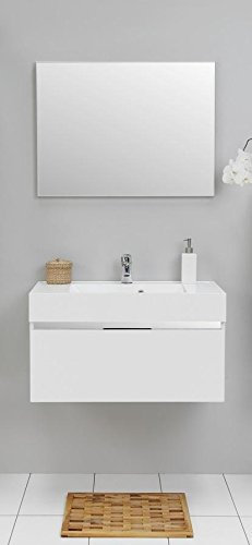 Galdem® Set di mobili da bagno con lavandino ceramica specchio mobiletto sottolavabo 80 cm bagno set di lucido premontato Bianco lucido