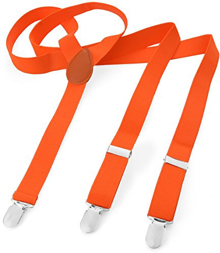 Herren Damen Long Hosenträger Y Form Style 3er Clips elastisch Schmal Unifarbe und Bunt mit verschiedenen Motiv, Orange (Neonorange),Gr. One Size
