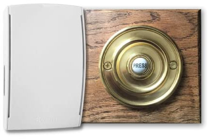 Byron Wireless Doorbell Kit with Period Style Brass Bell Push on a 110mm x 110mm Square Jacobean Dark Oak Plinth