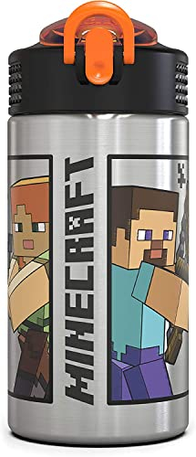 Zak Designs Minecraft - Stainless Steel Water Bottle with One Hand Operation Action Lid and Built-in Carrying Loop, Kids Water Bottle with Straw Spout is Perfect for Kids (15.5 oz, 18/8, BPA Free)