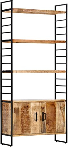 vidaXL Raues Mangoholz Bücherregal 4 Ebenen 2 Türen 3 Fachböden Standregal Wandregal Aktenregal Holzregal Bücherschrank 80x30x180cm