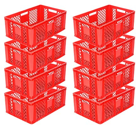 SPAR-SET 8x Eurobehälter/Bäckerkisten, Grundmaß 600x400x240 mm. Eurobox, Stapelkorb stapelbar aus Kunststoff in TOP-Qualität - Made in Germany (rot)