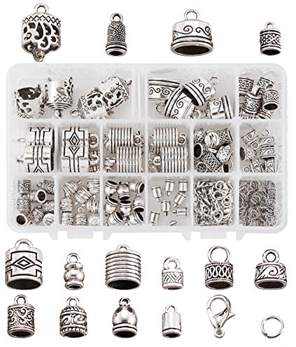 120 Stück/Box, 14 Stile, tibetisches Silber, zum Einkleben, Endkappen, Säulen-Endkappen mit Biegeringe und Karabinerverschluss für Lederhalsketten, Armbänder, Kordelendkappen