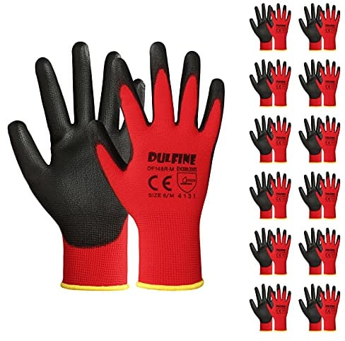 DULFINE Safety Work Gloves PU Coated-12 Pairs,Red Seamless Knit Glove with Polyurethane Coated Smooth Grip on Palm & Fingers, for Men and Women, Ideal for General Duty Work (Large)