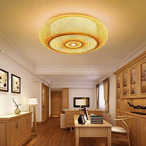 Deckenleuchte Vintage Bambus Deckenlampe Natürlicher Rattan Wohnzimmerlamp Rund Ring Retro Deckenlicht E27 Holz Gewebt Lampenschirm Lampe Pendelleuchte Schlafzimmer Esszimmer Büro Beleuchtung,60cm