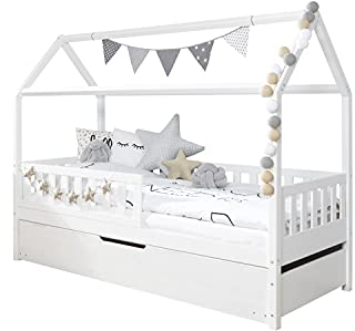 TiCAA Kinderbett Hausbett mit Schubkasten 90x200 cm, für Jungen & Mädchen, inkl. Vorhangstoff, Variabler Rausfallschutz, Montessori Bett weiß aus Kiefer Massivholz