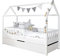 TiCAA Kinderbett Hausbett mit Schubkasten 90x200 cm, für Jungen & Mädchen, inkl. Vorhangstoff, Variabler Rausfallschutz, Montessori Bett weiß aus Kiefer Massivholz
