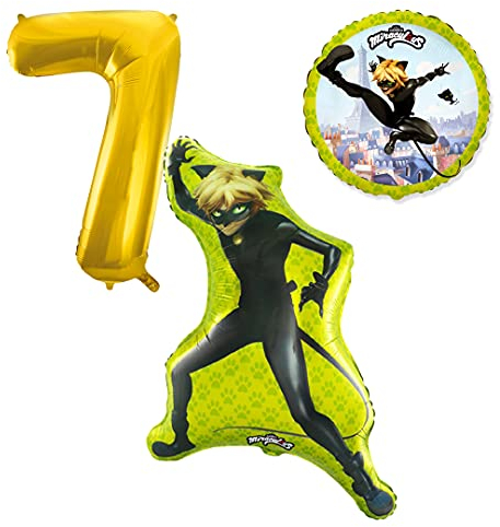 Cat Noir Ballonset Ballon mit goldener Zahl 7 Kindergeburtstag Heliumgeeignet Deko Kindergeburtstag Partygeschirr Dekoration für Geburtstag Party Mottoparty Motto Luftballons