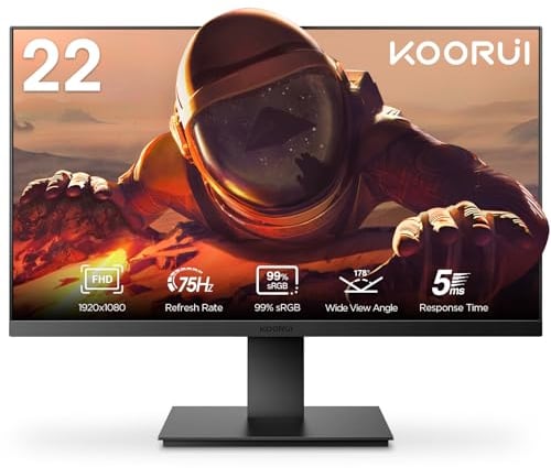 KOORUI 22 inch Business Computer Monitor, Desktop Gaming Monitor, FHD 1080p, 75 Hz, Eye Comfort, sRGB 99% Colour Circumference, (Ultra Thin Aperture, HDMI, VGA, Tilt, VESA 75 x 75), PC Screen, Black