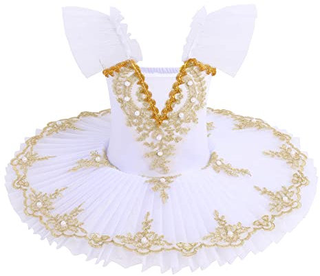 Ballet Leotard for Girls Kids Short Sleeve Lace Pearl Embroidered Tulle Tutu Skirt Gymnastic Bodysuit Ballerina Dance Swan Lake Costume Skating Team Performance Ballet Dress White 9-10 Years