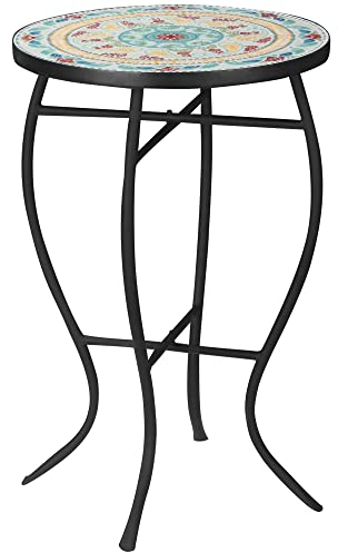Outsunny Runder Gartentisch Mosaik Beistelltisch mit Metallbeinen für Patio Terrasse Balkon 35,5x35,5x35,5x53,5 cm Türkis